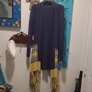 Women's Navy and Yellow Fringed Sweater